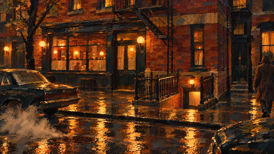 A rainy MacDougal Street at night, the café's windows lit.