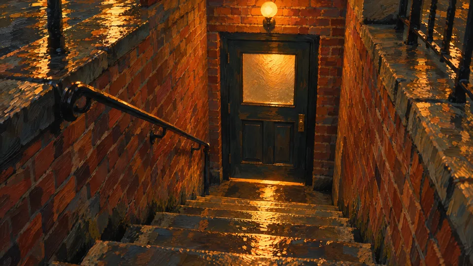 Wet stone steps down to a basement door with a lamp above it.