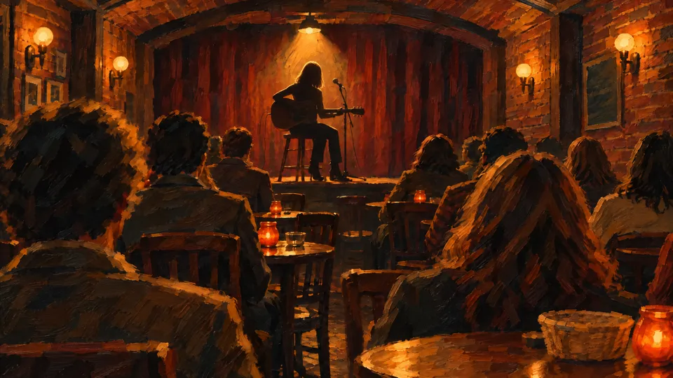 A crowd at small tables watching a singer with a guitar on a little stage.