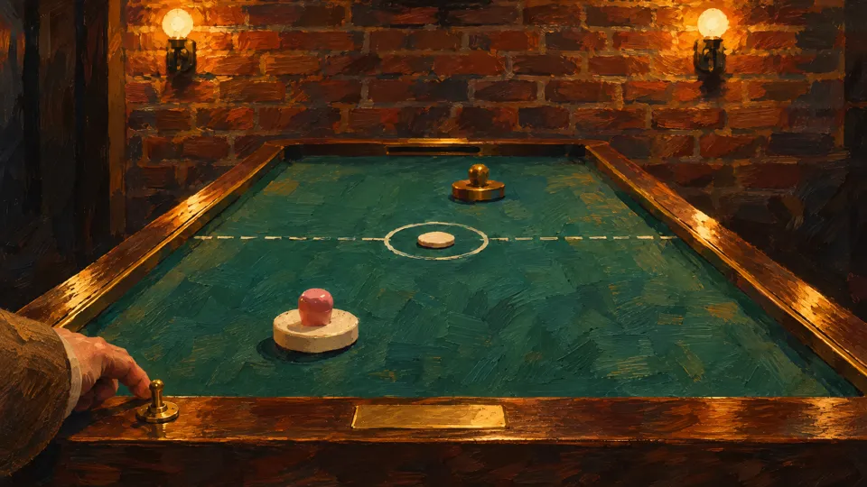 An air hockey table under two wall lamps, a hand reaching for the switch.